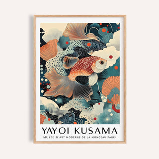 Framed print close-up of fish wall art decor showing a detailed goldfish illustration with teal and orange tones