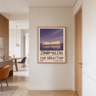Retro city poster print featuring two block buildings and a calm water reflection