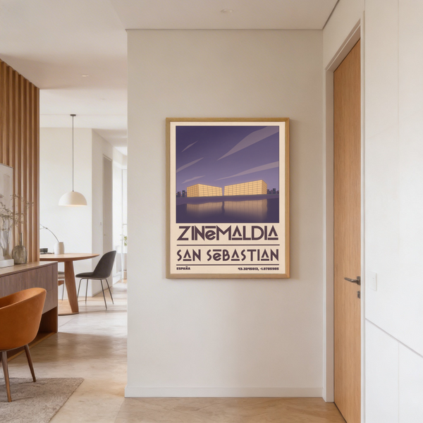 Retro city poster print featuring two block buildings and a calm water reflection