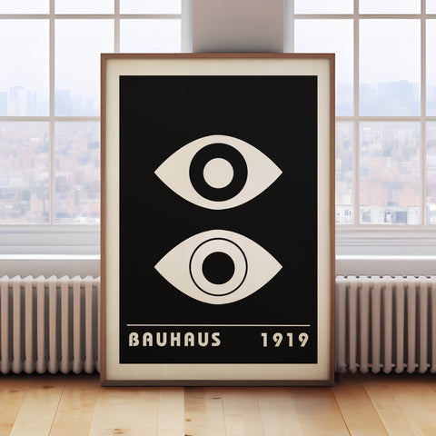 Bauhaus black and white eye poster with geometric design
