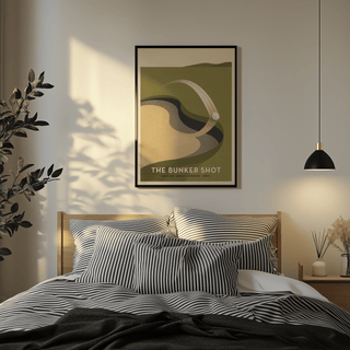 Curved motion arc over a stylized bunker in graphic sports art