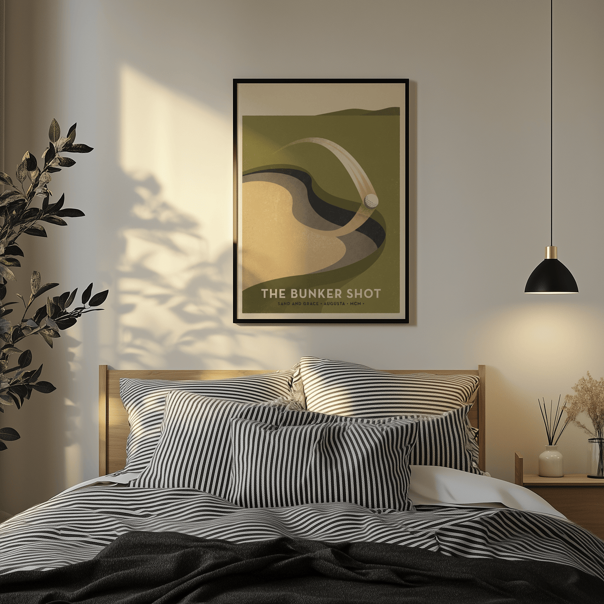 Curved motion arc over a stylized bunker in graphic sports art