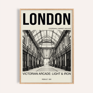 Bold LONDON header over Victorian arcade wall art poster