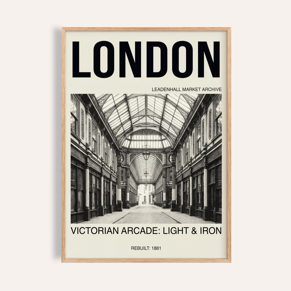 Bold LONDON header over Victorian arcade wall art poster