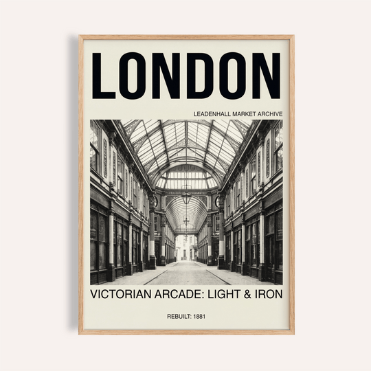 Bold LONDON header over Victorian arcade wall art poster