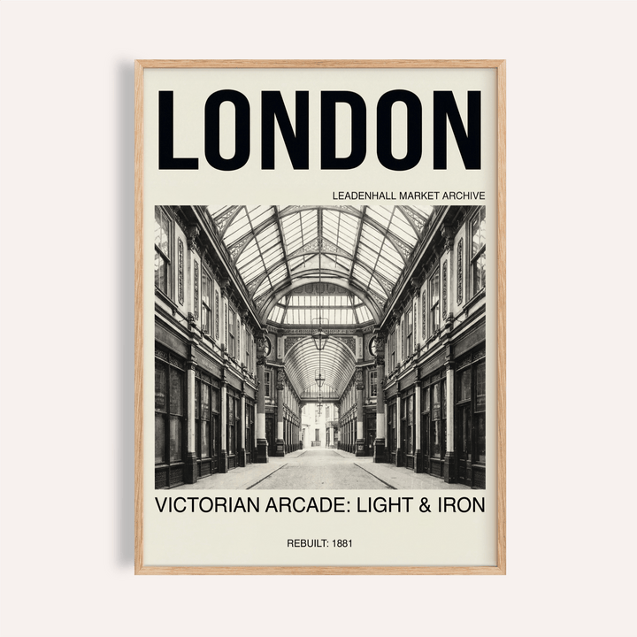 Bold LONDON header over Victorian arcade wall art poster