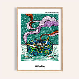 Abstract poster showing an ashtray with cigarettes and curling smoke, built from dot patterns and geometric shapes