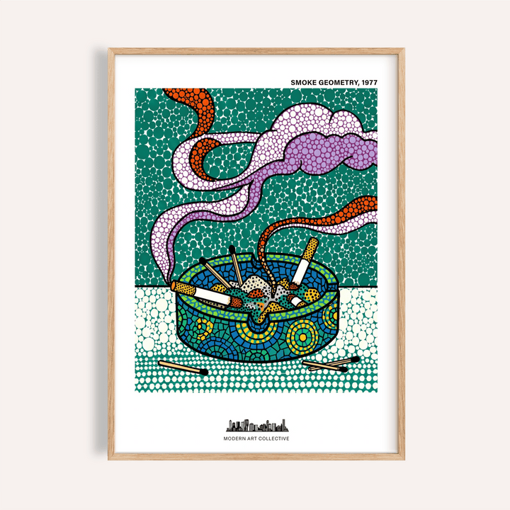 Abstract poster showing an ashtray with cigarettes and curling smoke, built from dot patterns and geometric shapes