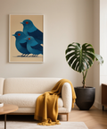 Blue Bird Art Print showing three stylized birds with fine line feather texture and overlapping silhouettes