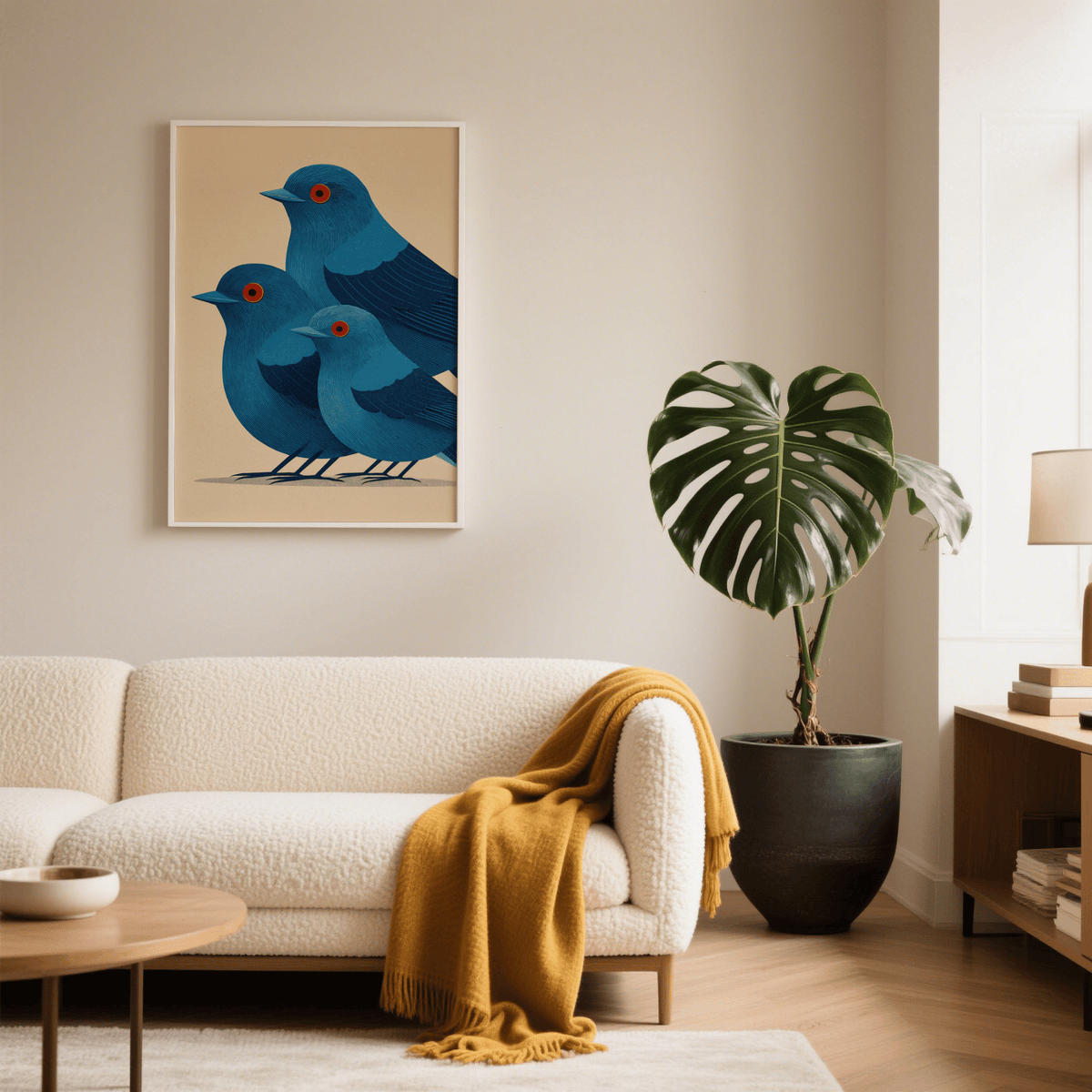 Blue Bird Art Print showing three stylized birds with fine line feather texture and overlapping silhouettes