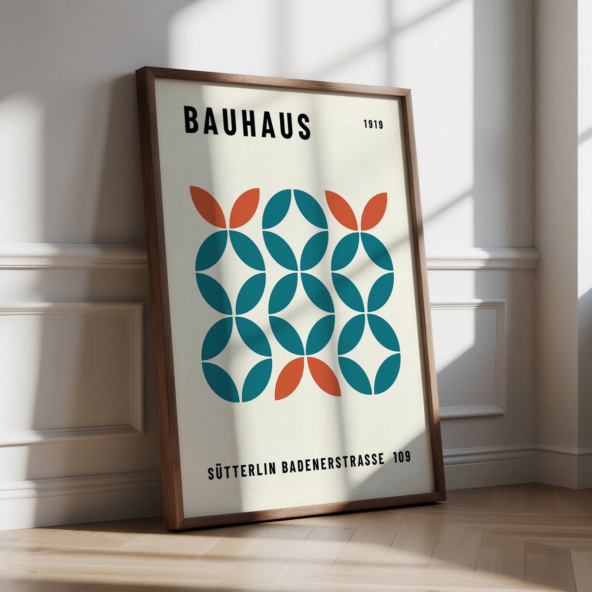 Work Office Wall Art with teal and rust geometric circles on a cream background.