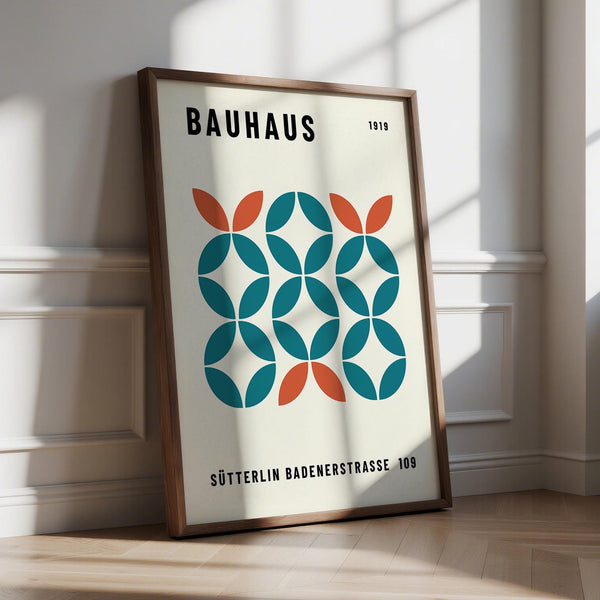 Work Office Wall Art with teal and rust geometric circles on a cream background.