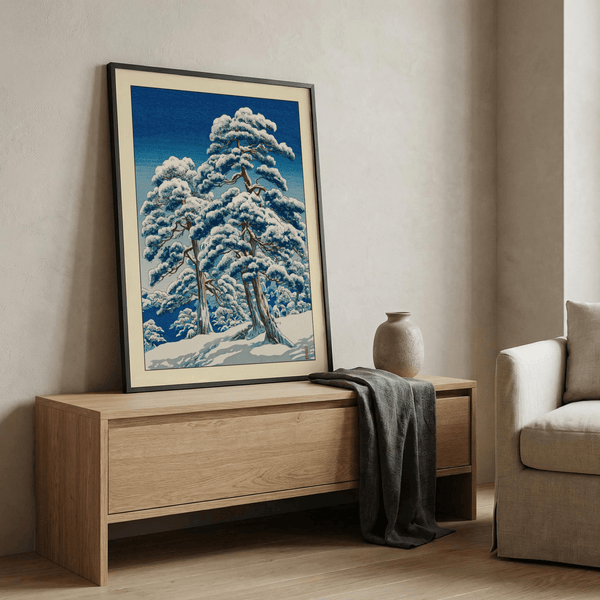 Minimal winter scene poster with central pine cluster and layered snow forms