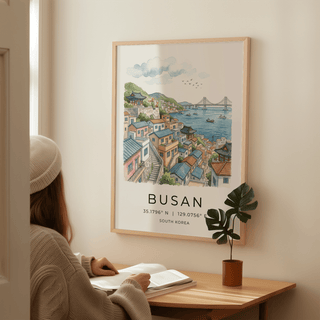Scenic travel wall art of Busan with stacked houses and ocean view