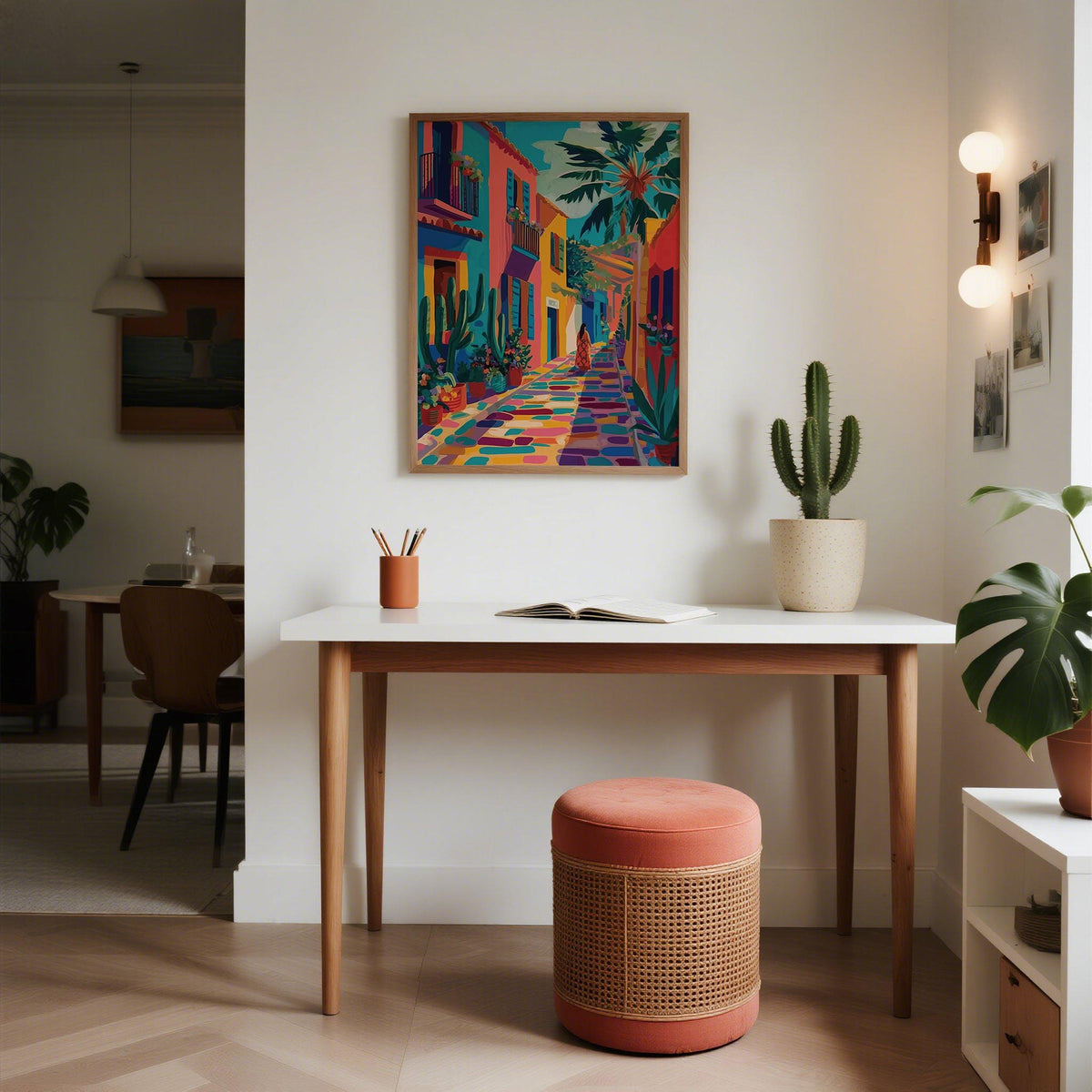 Cactus-lined walkway in a vibrant Mexican street art print.