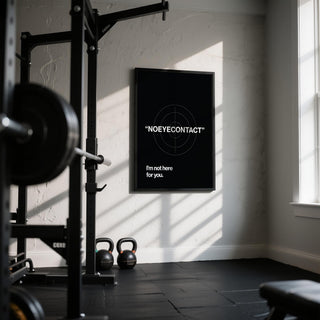 Minimalist gym art featuring white text and circular crosshair.