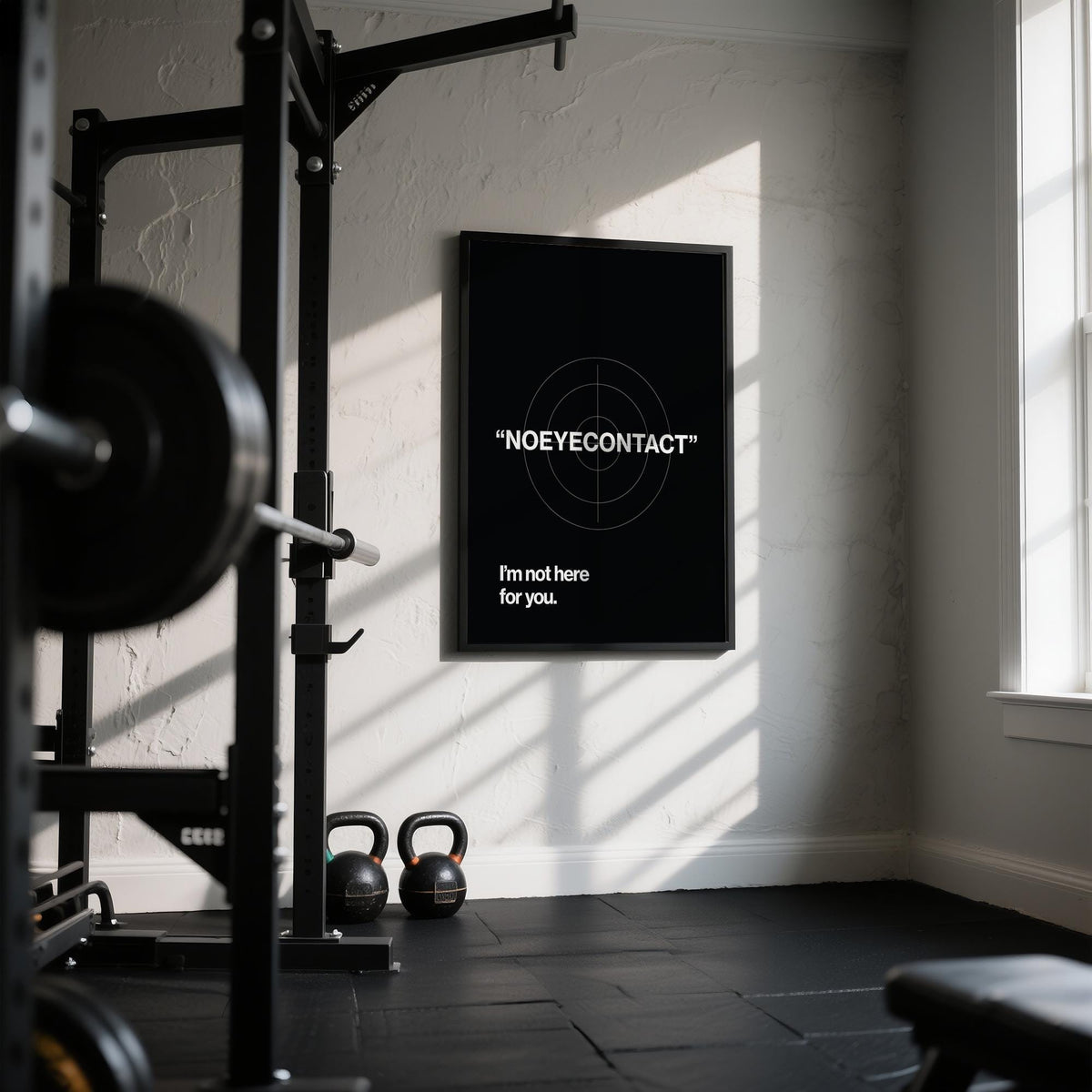 Minimalist gym art featuring white text and circular crosshair.