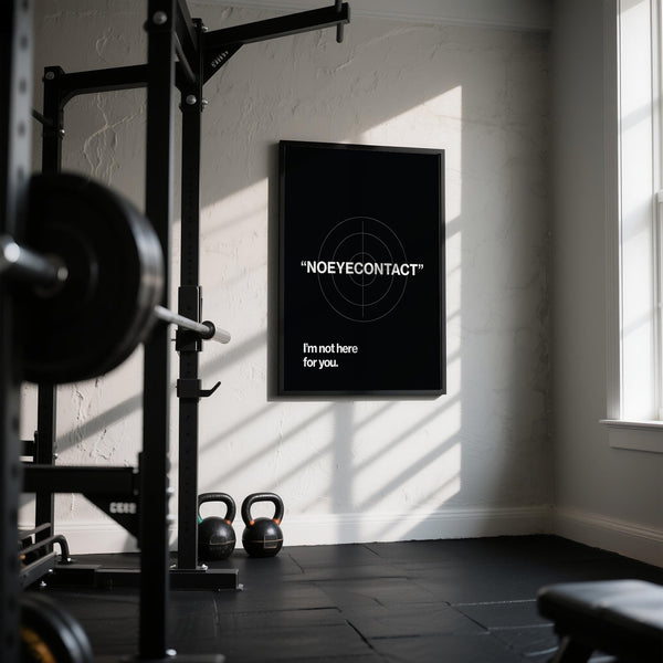 Minimalist gym art featuring white text and circular crosshair.