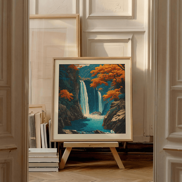 Soft morning light highlighting Hasui Kawase waterfall Wall Art in home office