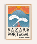 Graphic coastal wave poster with sun rays, lighthouse, and Nazare Portugal text