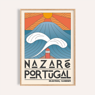 Graphic coastal wave poster with sun rays, lighthouse, and Nazare Portugal text