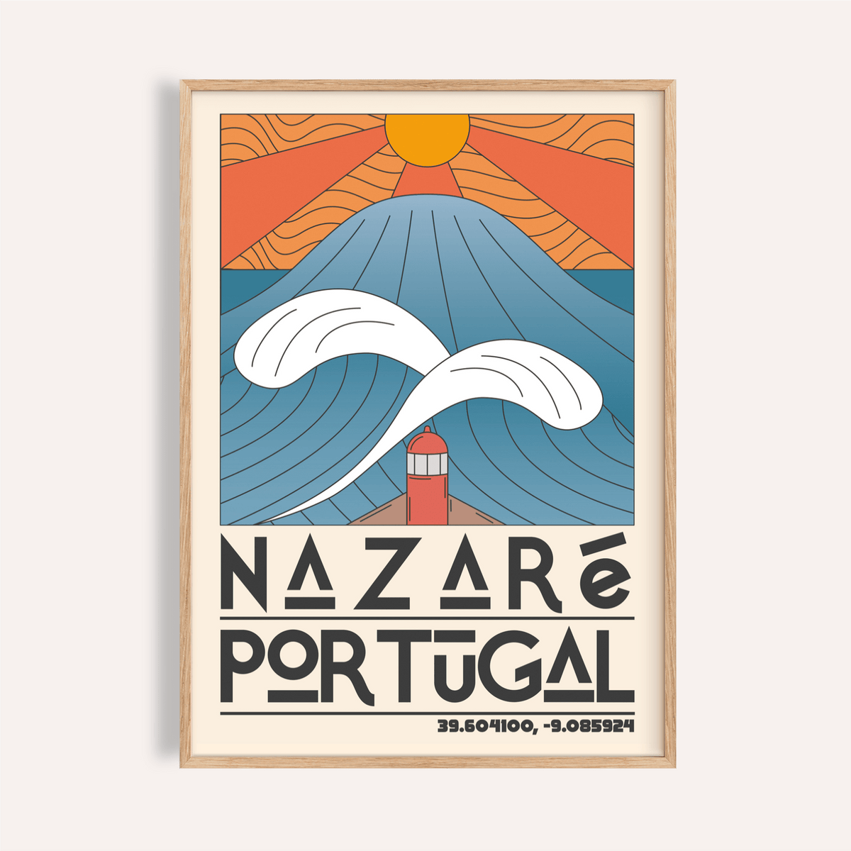 Graphic coastal wave poster with sun rays, lighthouse, and Nazare Portugal text