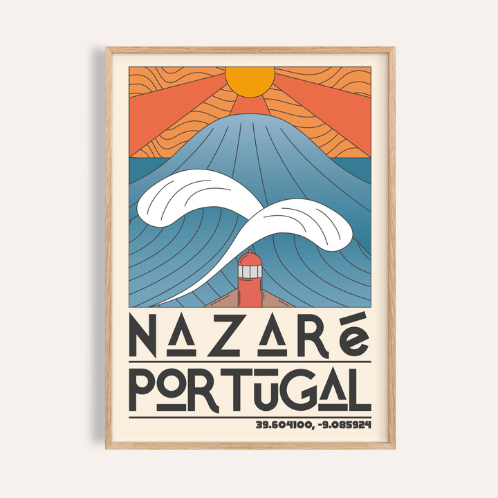 Graphic coastal wave poster with sun rays, lighthouse, and Nazare Portugal text