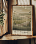 Typography golf print poster reading GOLF IN TRANQUILITY with mid-century fairways text