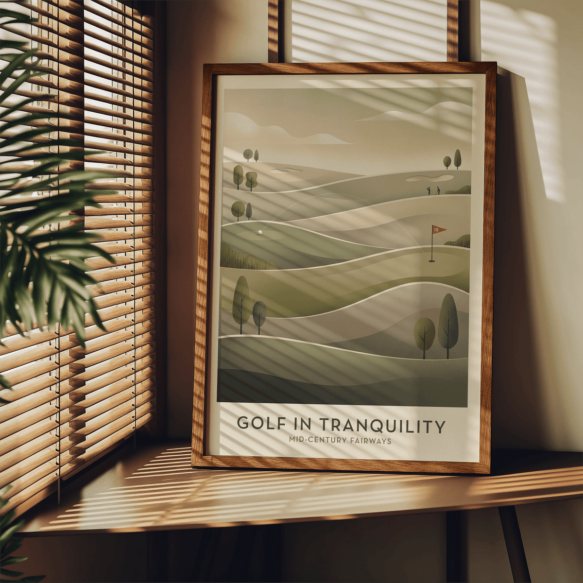 Typography golf print poster reading GOLF IN TRANQUILITY with mid-century fairways text