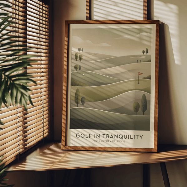 Typography golf print poster reading GOLF IN TRANQUILITY with mid-century fairways text