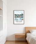 Watercolor cityscape wall art print of Hong Kong with clustered high-rises and birds