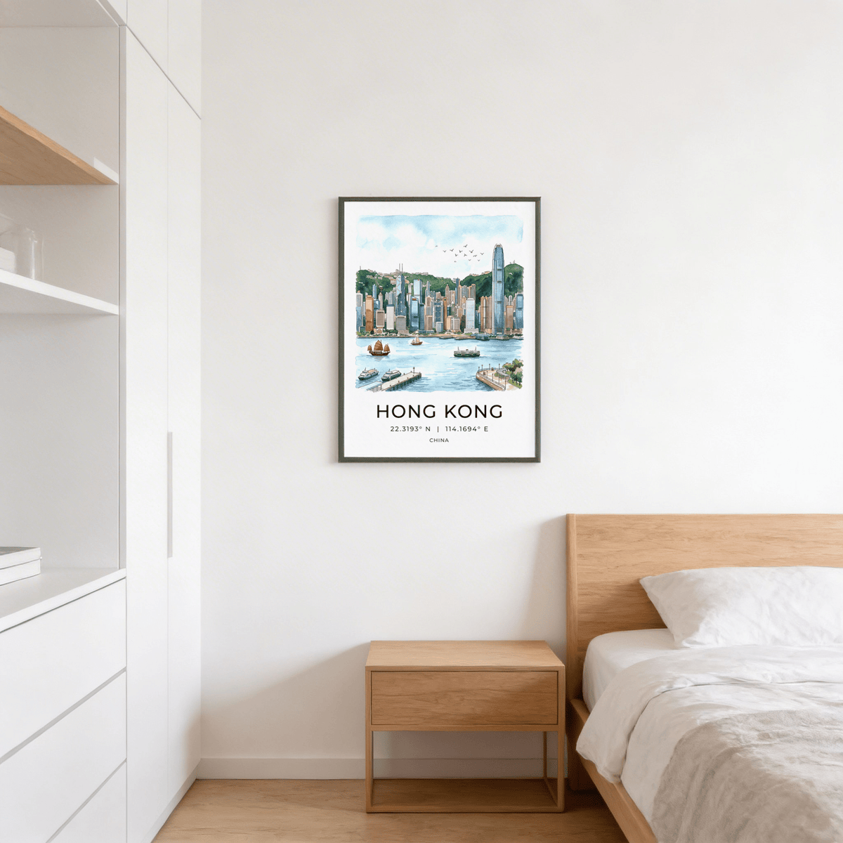 Watercolor cityscape wall art print of Hong Kong with clustered high-rises and birds