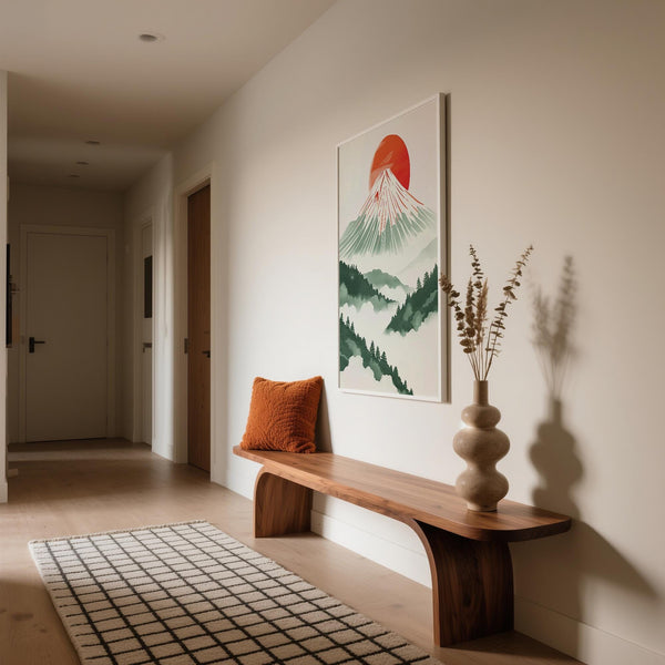 Contemporary Japanese Prints featuring misty forest layers and volcanic peak.