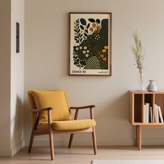 Retro daisy art poster with orange blossoms and earthy colors.
