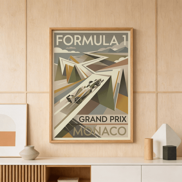Monaco Race Poster with vintage typography and geometric cliffside track
