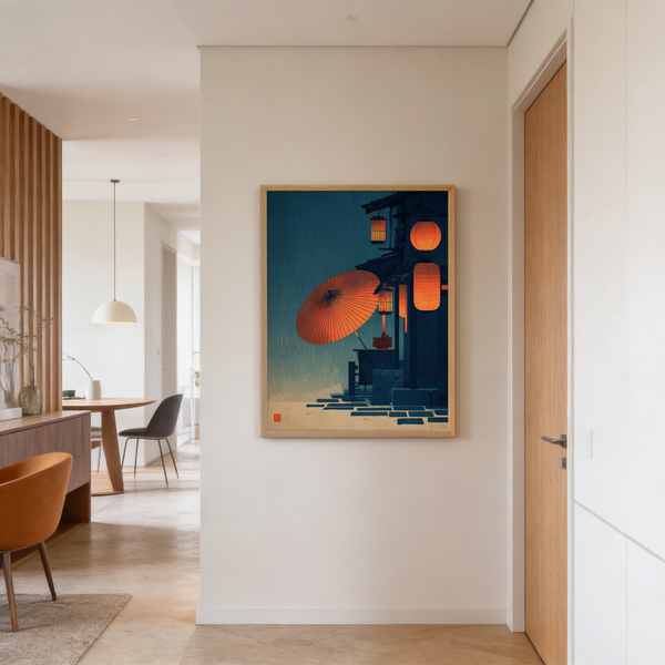 Street corner lantern poster with umbrella silhouette and misty rain