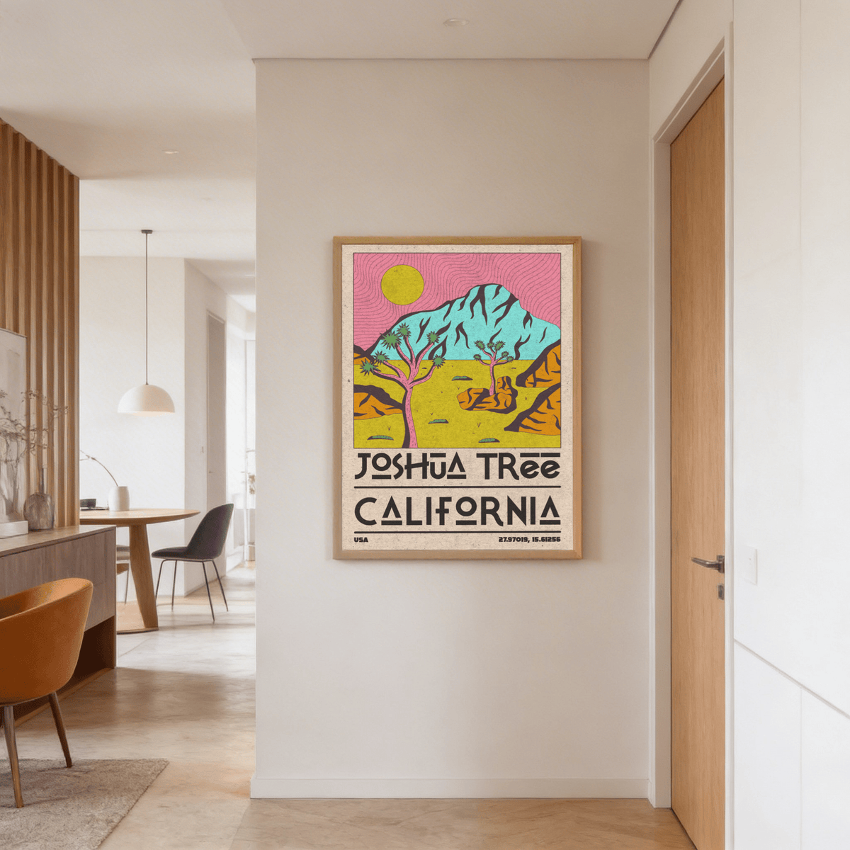 Joshua Tree Art Print depicting flat plain, rocky details, and sunset palette