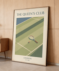 Graphic tennis poster print with centered racket and ball on an angled court view
