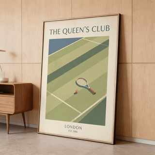 Graphic tennis poster print with centered racket and ball on an angled court view