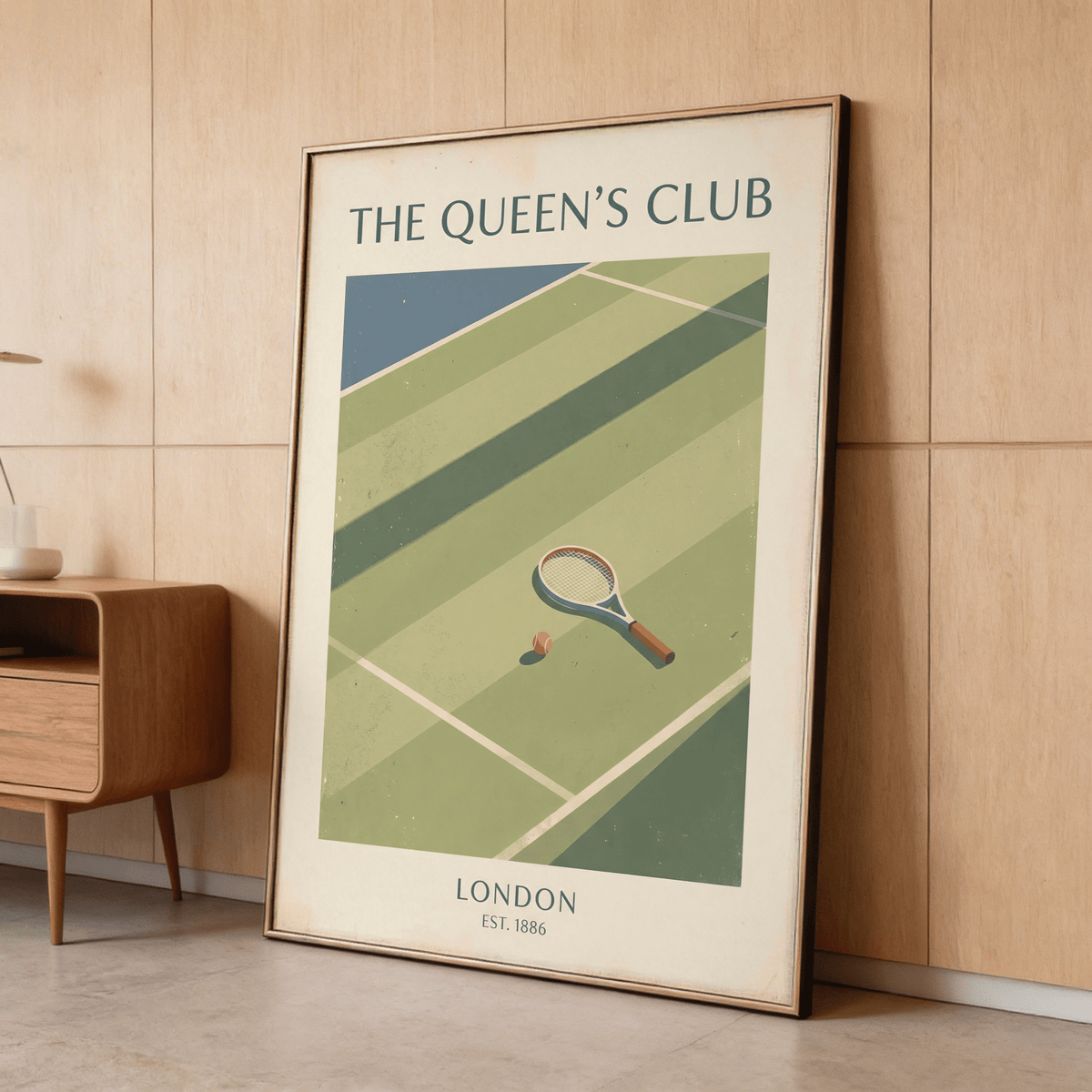 Graphic tennis poster print with centered racket and ball on an angled court view