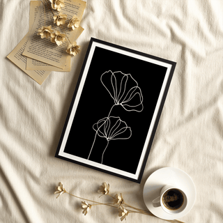 Monochrome wall art showing two outlined flowers and long stems