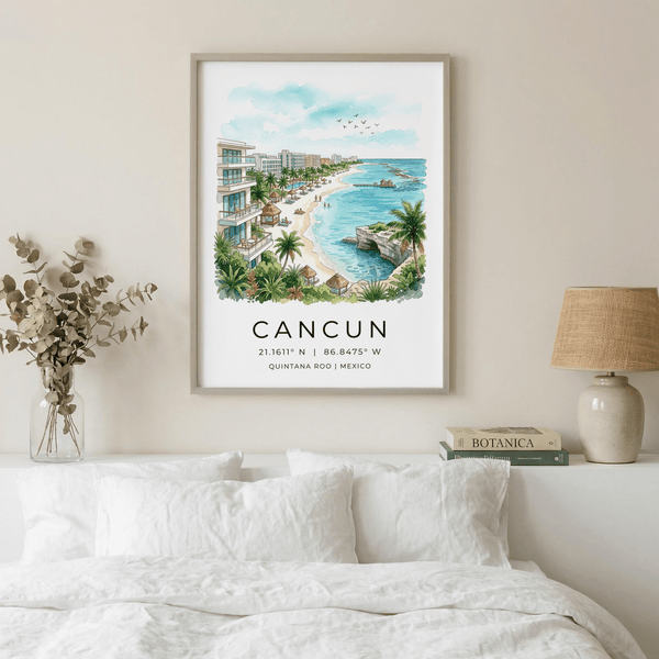 Cancun Beach Art Print watercolor poster with turquoise water and birds in flight