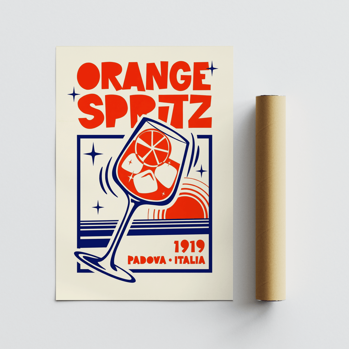 Graphic bar wall art print featuring a stemmed spritz glass with ice cubes and orange wheel