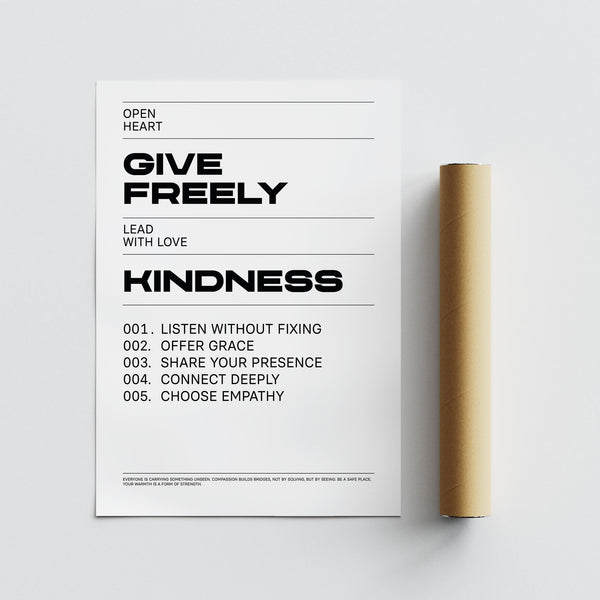 Black text poster titled “Kindness” with five quotes for compassionate living.