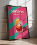 Retro Cocktail Art featuring Negroni on a bright pink and teal backdrop.