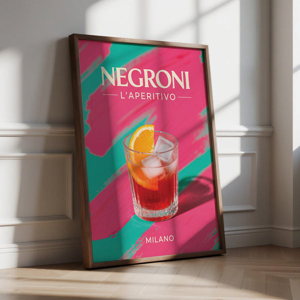Retro Cocktail Art featuring Negroni on a bright pink and teal backdrop.