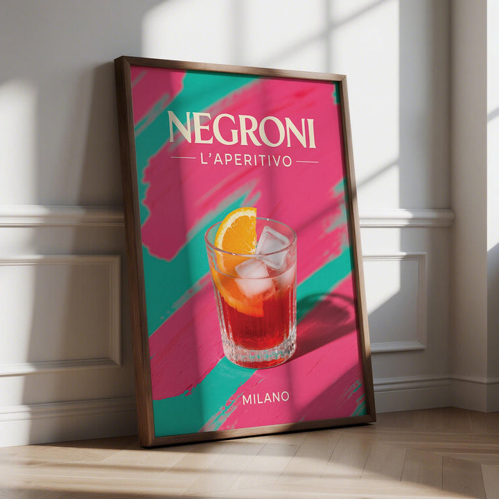 Framed Retro Cocktail Art showing Negroni cocktail with orange slice in a room with wooden floor