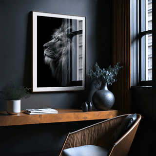 Moody lion portrait poster print with detailed muzzle and mane