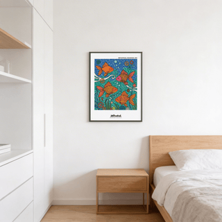 Detailing patterned fish wall art print with bold outlines, dotted backdrop, and gear shapes