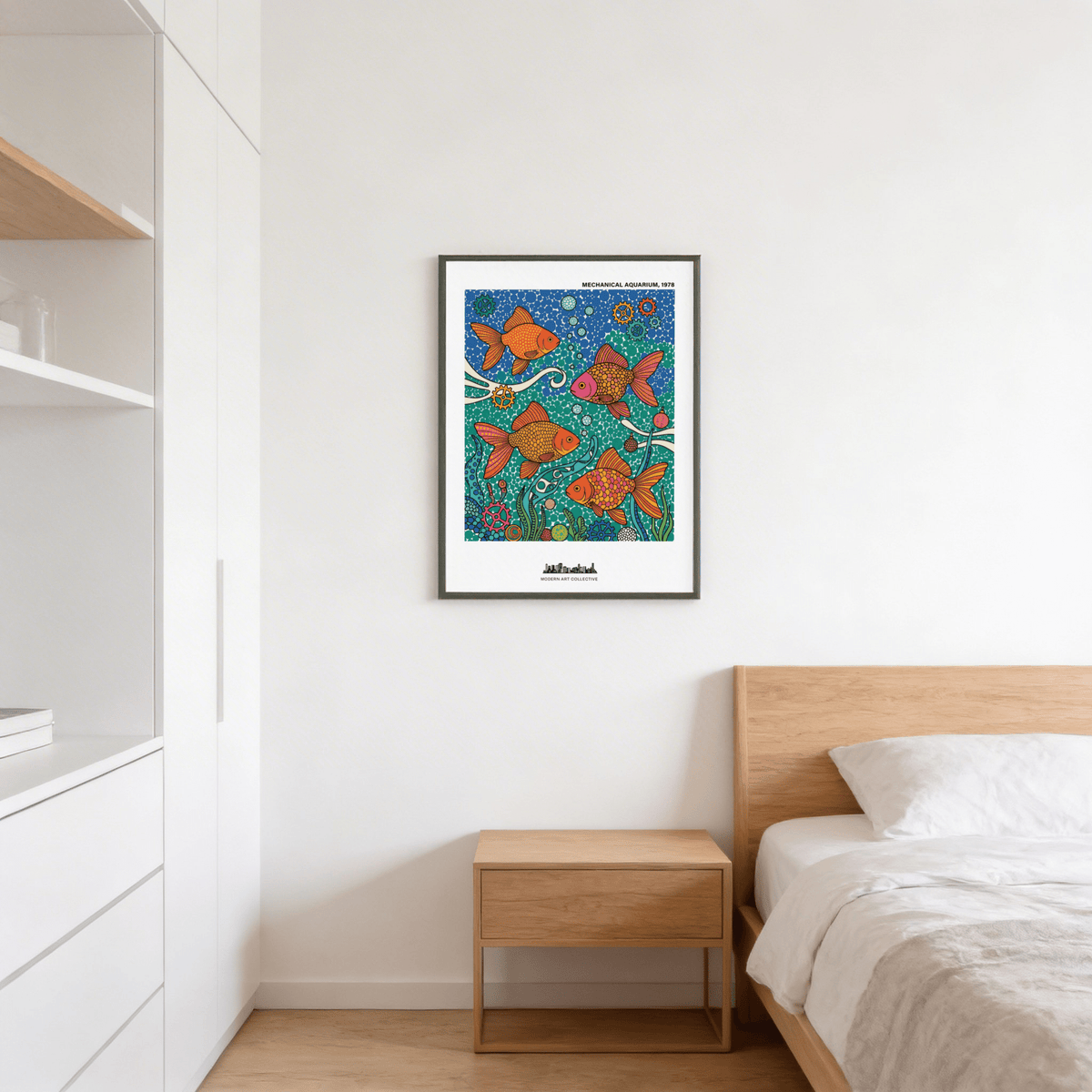 Detailing patterned fish wall art print with bold outlines, dotted backdrop, and gear shapes